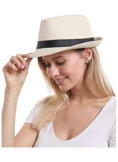 Generic Straw Hat, Fashionable Unisex Straw Hat with Contrast Ribbon and Curly Brim for Men , Panama Jazz Hat Cap  - Image 3