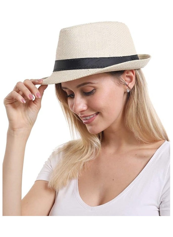 Generic Straw Hat, Fashionable Unisex Straw Hat with Contrast Ribbon and Curly Brim for Men , Panama Jazz Hat Cap  - Image 3