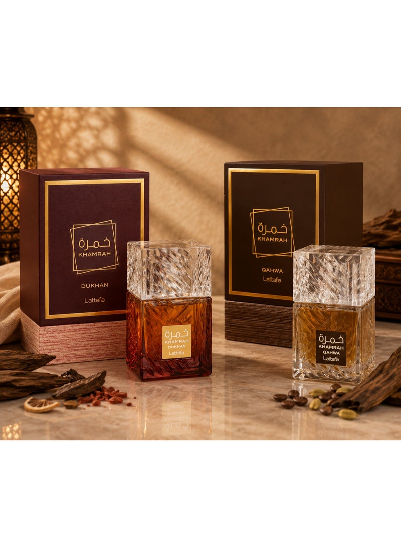 Lattafa Khamrah Dukhan 100 ml + Khamrah Qahwa Eau De Parfum by Lattafa 100ml - Image 1