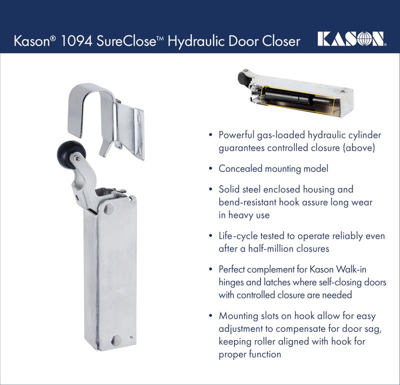 KASON كاسون 1094 قفل باب هيدروليكي SureClose وخطاف، تركيب مخفي، خطاف عريض قابل للتعديل، 7/8 إلى 1-5/8 بوصة انحراف، 11094000013_11094000027 - Image 5
