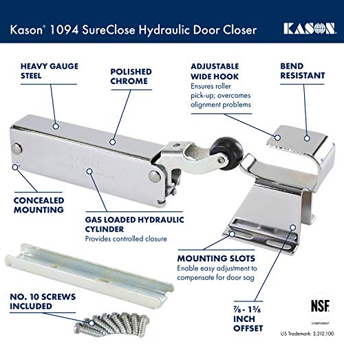 KASON كاسون 1094 قفل باب هيدروليكي SureClose وخطاف، تركيب مخفي، خطاف عريض قابل للتعديل، 7/8 إلى 1-5/8 بوصة انحراف، 11094000013_11094000027 - Image 2