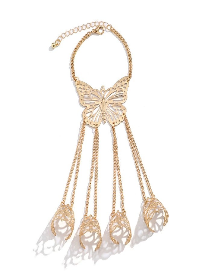 Jumwrit Vintage Finger Ring Hand Chain Bracelet Boho Butterfly Ethnic Hand Harness Belly Dance Cosplay Hollow Flower Open Ring Bracelet Costume Accessories for Women (Gold) - Image 4