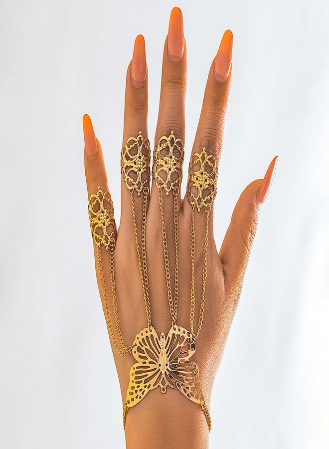 Jumwrit Vintage Finger Ring Hand Chain Bracelet Boho Butterfly Ethnic Hand Harness Belly Dance Cosplay Hollow Flower Open Ring Bracelet Costume Accessories for Women (Gold) - Image 3