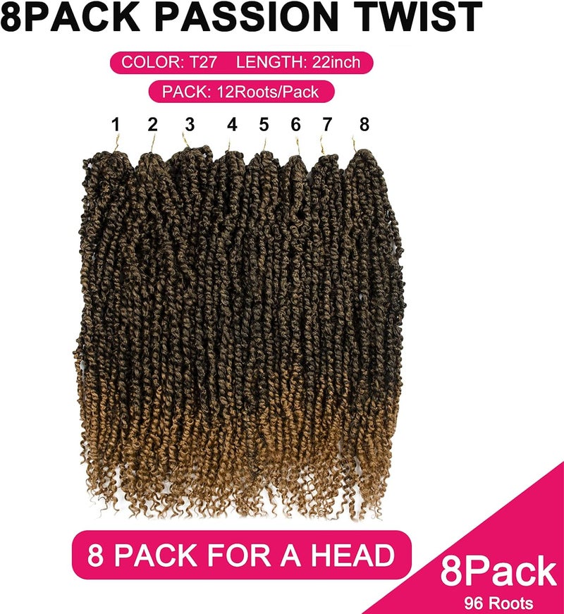 NAYOO Passion Twist Hair - 8 Packs 22 Inch Passion Twist Crochet Hair For Women, Crochet Pretwisted Curly Hair Passion Twists Synthetic Braiding Hair Extensions (22 Inch 8 Packs, T27) - Image 4