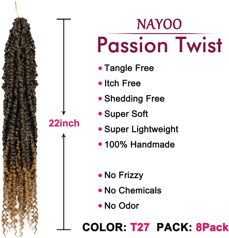NAYOO Passion Twist Hair - 8 Packs 22 Inch Passion Twist Crochet Hair For Women, Crochet Pretwisted Curly Hair Passion Twists Synthetic Braiding Hair Extensions (22 Inch 8 Packs, T27) - Image 2