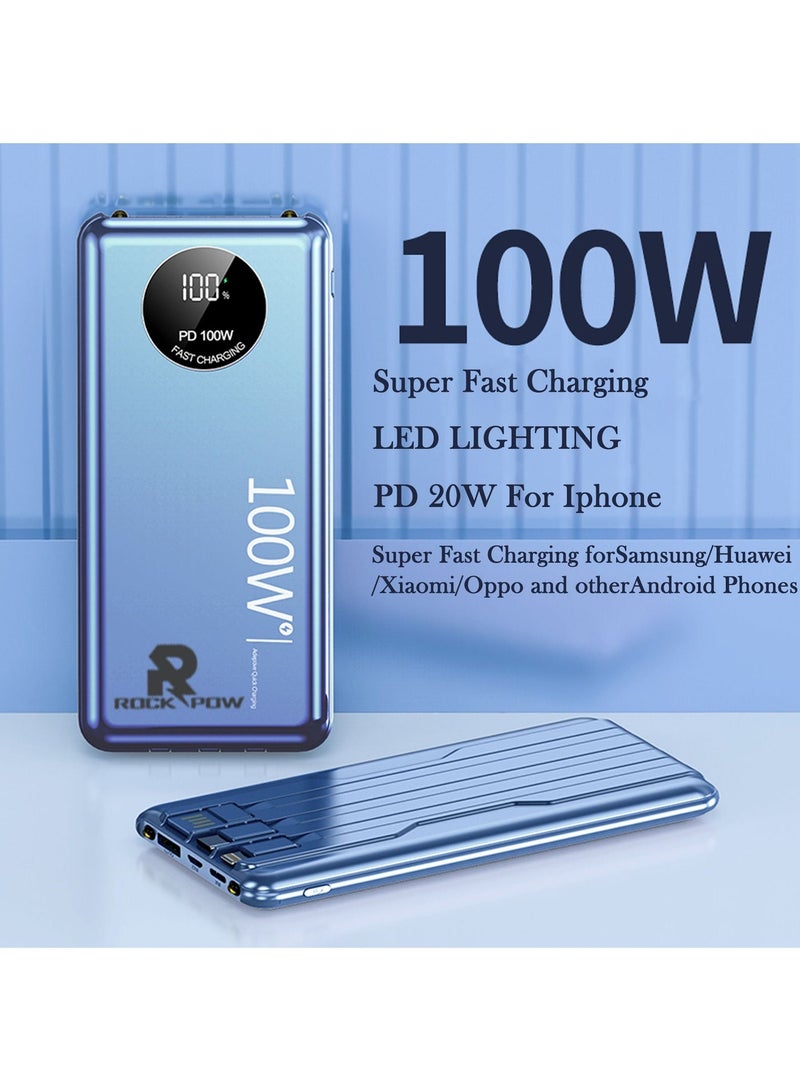 Rock Pow 20000mAh Power Bank 100W Fast Charging Including 3 Cables, Compatible with Samsung Galaxy S23/S22/S21/S20/S10, iPhone 14/iPhone 13/iPhone 12 Series/iPad - Image 2