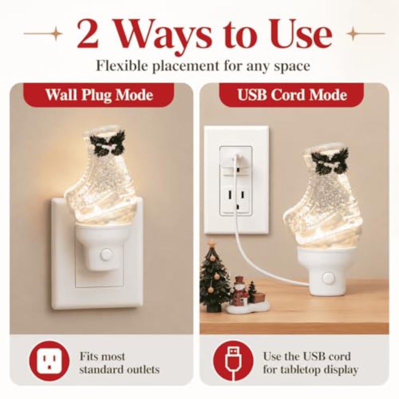 Christmas Ice Skate Plug in Night Light, Glitter Water Nightlight with USB Cord, Swirling Glitter LED Holiday Decor for Bedroom Kitchen Nursery Hallway Bathroom Home, Gifts for Adults - Image 3
