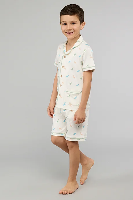 أر أند بي Printed Lapel Collar Shorts Pyjama Set