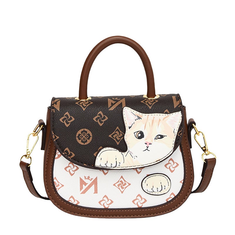 High-End Light Luxury Bag Women'S Style Printed Cartoon Cat Texture Round Bag All-Match Shoulder Handbag