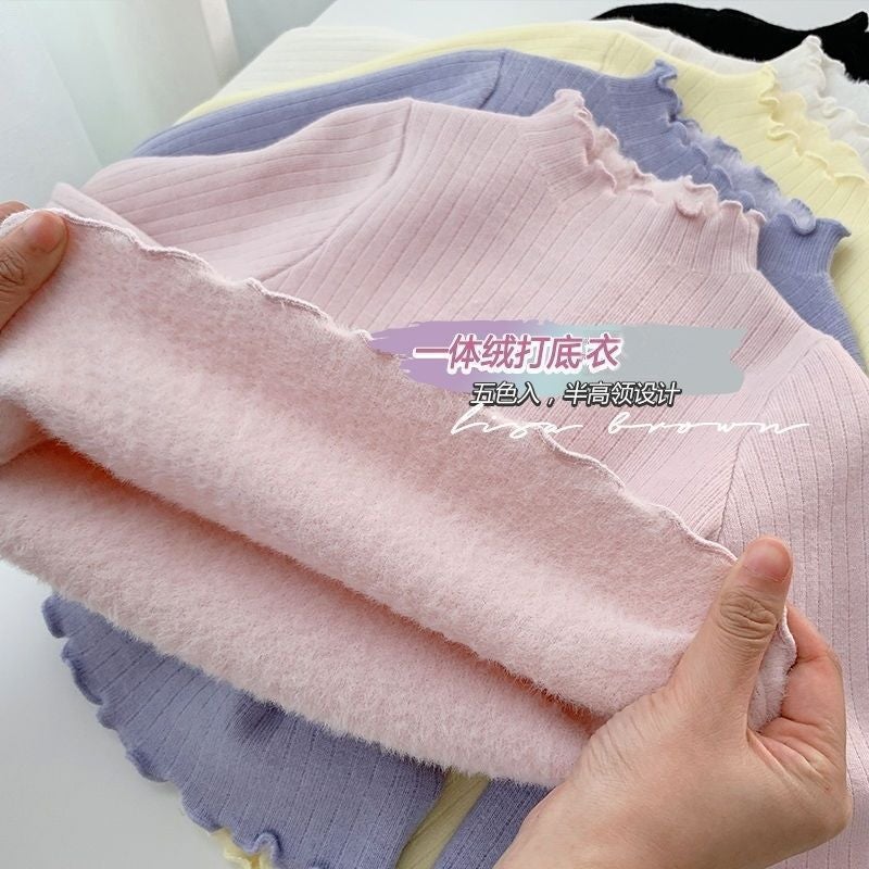 [ Girls Fleece-Lined Thick Long Sleeve T-Shirt Children'S Semi-High Collar One-Piece Velvet Base Shirt Baby Warm - Image 2