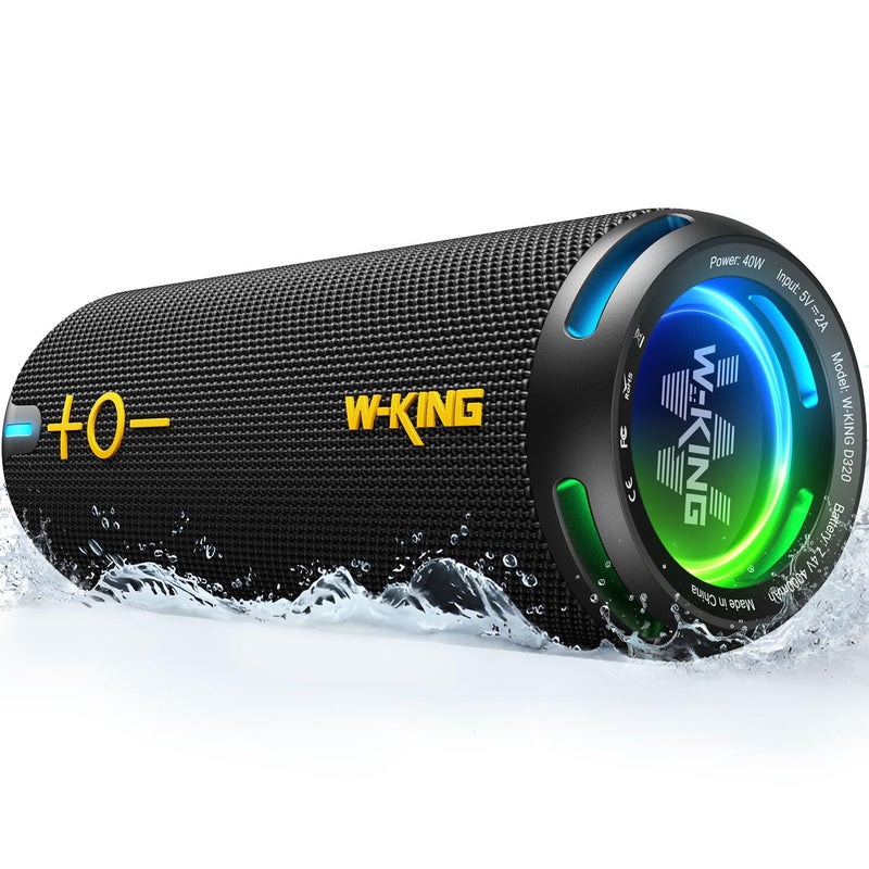 W-KING مكبرات صوت بلوتوث W-KING - مكبر صوت محمول لاسلكي مقاوم للماء IP67، تطبيق EQ مخصص/باس عميق، صوت ستيريو محيطي HD 360 بقوة 40 واط مع أضواء/V5.3/DSP/TF/AUX، مقاوم للغبار للاستحمام، التخييم - Image 1