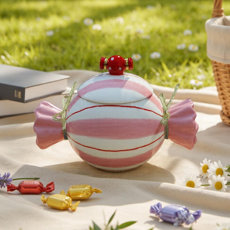 DIF DECO Cute Storage Jars with Lid, Unique Candy Shape Ceramic Food Container, Cookie Canister for Snacks, Coffee Bean, Sugar, Tea, Spices, Beans, Cereal, Nuts - 500 ml / 16.9 oz (Pink Stripes) - Image 1