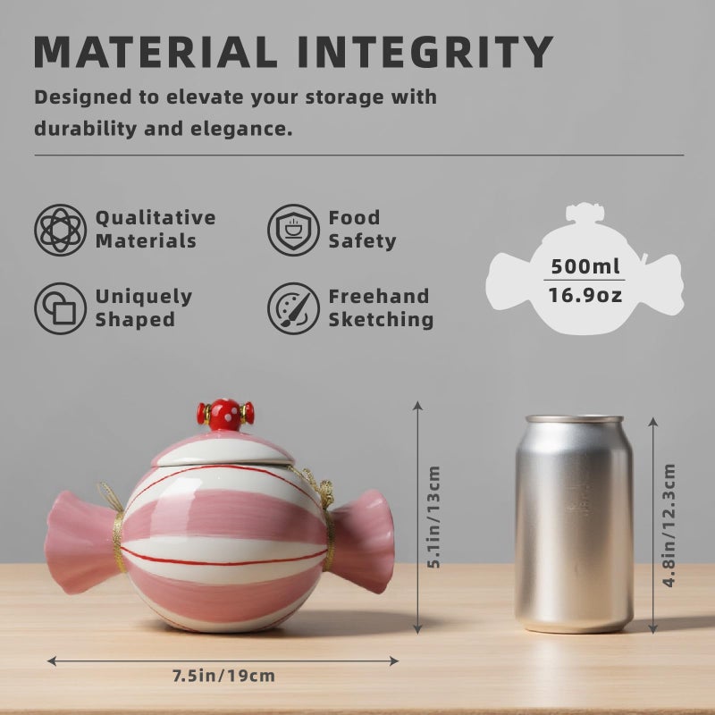 DIF DECO Cute Storage Jars with Lid, Unique Candy Shape Ceramic Food Container, Cookie Canister for Snacks, Coffee Bean, Sugar, Tea, Spices, Beans, Cereal, Nuts - 500 ml / 16.9 oz (Pink Stripes) - Image 2
