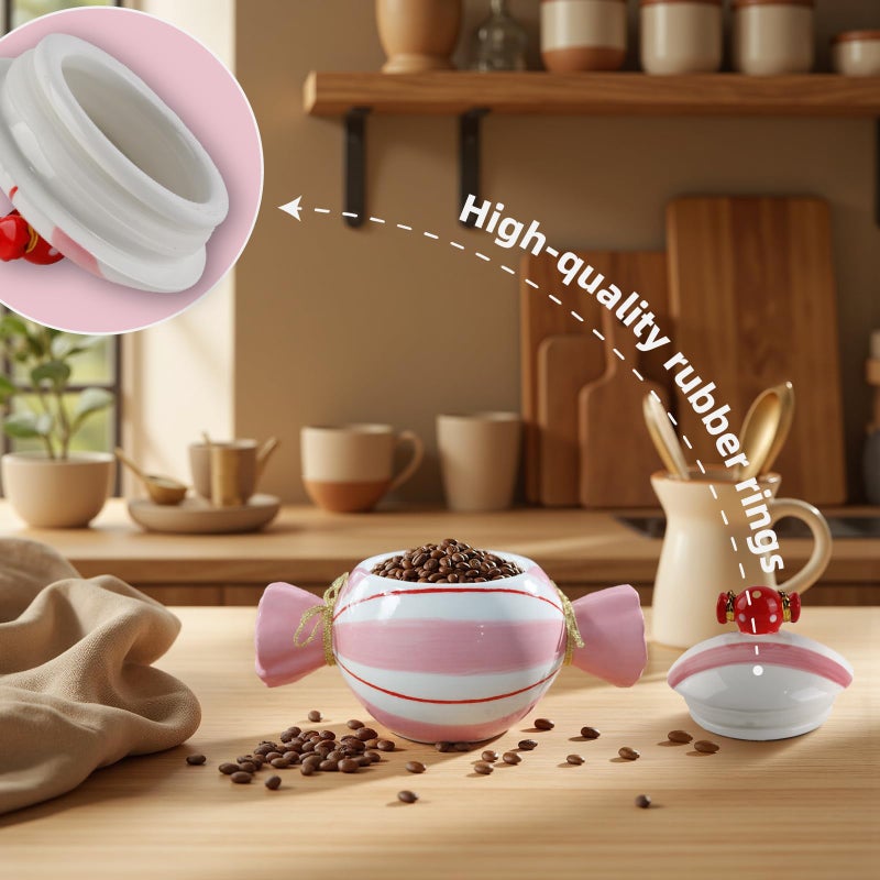 DIF DECO Cute Storage Jars with Lid, Unique Candy Shape Ceramic Food Container, Cookie Canister for Snacks, Coffee Bean, Sugar, Tea, Spices, Beans, Cereal, Nuts - 500 ml / 16.9 oz (Pink Stripes) - Image 3