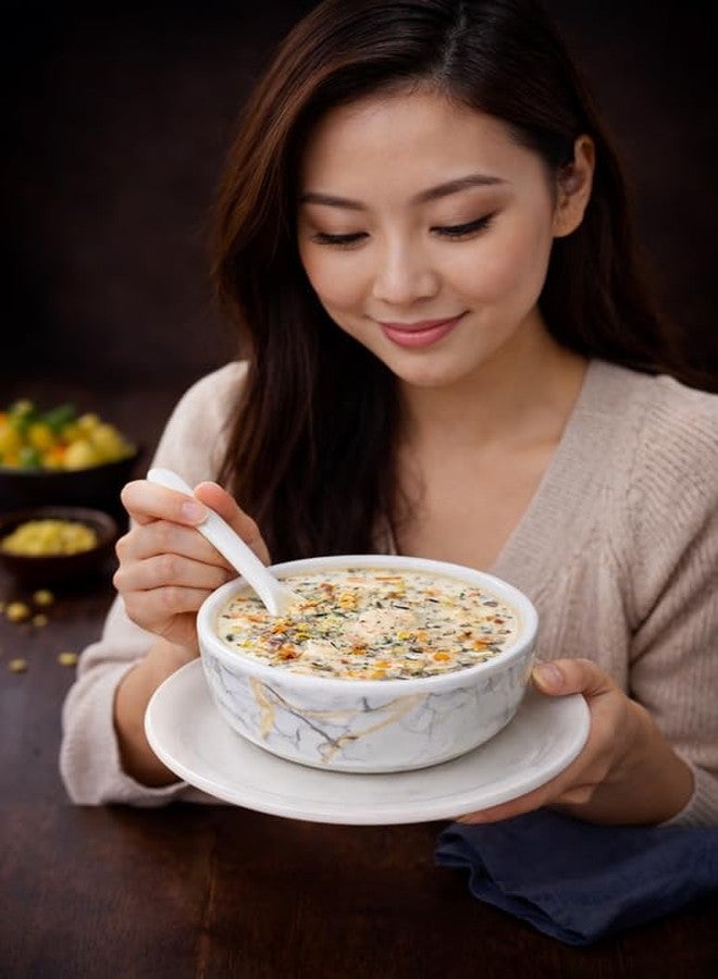 Ariya Melamine French Soup Bowl Set of 12 (350 ml, White/Gold/Black) with Spoons & Saucers|Premium Soup Serving Bowls|Microwave & Dishwasher Safe|Durable Bowls for Soup, Noodles, Cereal & Pasta - Image 4