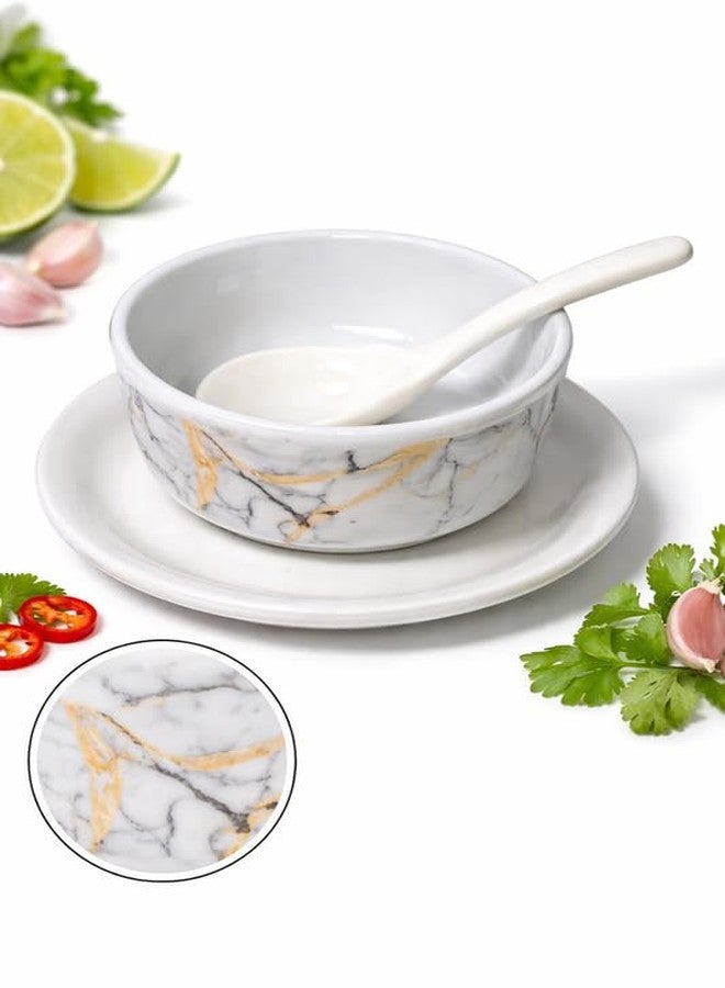Ariya Melamine French Soup Bowl Set of 12 (350 ml, White/Gold/Black) with Spoons & Saucers|Premium Soup Serving Bowls|Microwave & Dishwasher Safe|Durable Bowls for Soup, Noodles, Cereal & Pasta - Image 3