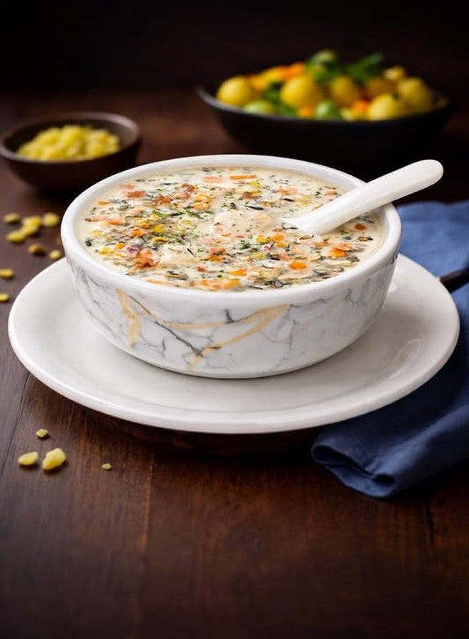 Ariya Melamine French Soup Bowl Set of 12 (350 ml, White/Gold/Black) with Spoons & Saucers|Premium Soup Serving Bowls|Microwave & Dishwasher Safe|Durable Bowls for Soup, Noodles, Cereal & Pasta - Image 2