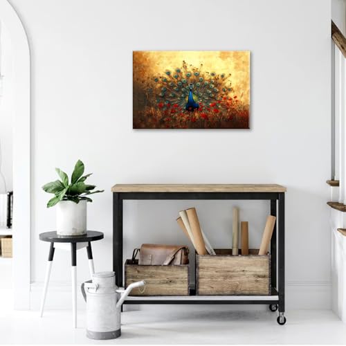 Fuzawet Peacock Canvas Wall Art Blue Peacock Pictures Decor Red Flower Golden Painting Modern Framed Prints Artwork for Home Bathroom Bedroom Living Room 16x12 - Image 3