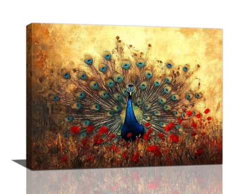 Fuzawet Peacock Canvas Wall Art Blue Peacock Pictures Decor Red Flower Golden Painting Modern Framed Prints Artwork for Home Bathroom Bedroom Living Room 16x12 - Image 1