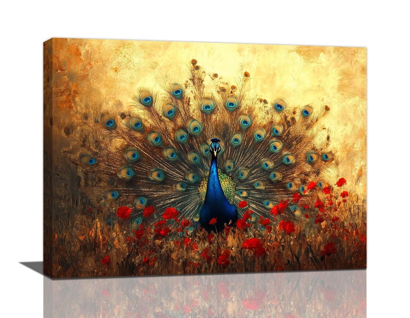 Fuzawet Peacock Canvas Wall Art Blue Peacock Pictures Decor Red Flower Golden Painting Modern Framed Prints Artwork for Home Bathroom Bedroom Living Room 16x12 - Image 2