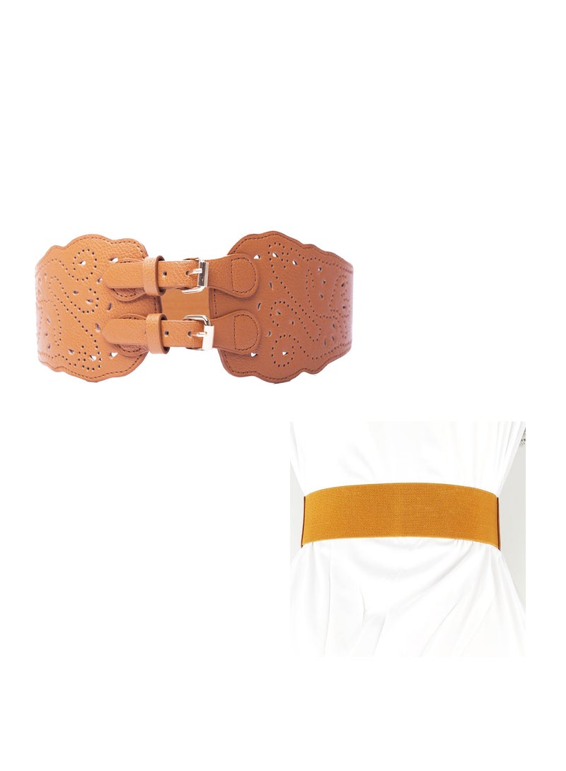 Women Wide Elastic Waist Belt Vintage Buckle Leather Elastic Stretchy Corset Cinch Belt  - Image 3