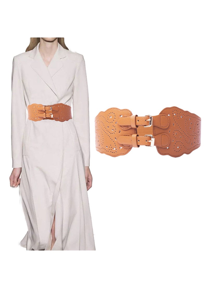 Women Wide Elastic Waist Belt Vintage Buckle Leather Elastic Stretchy Corset Cinch Belt  - Image 1