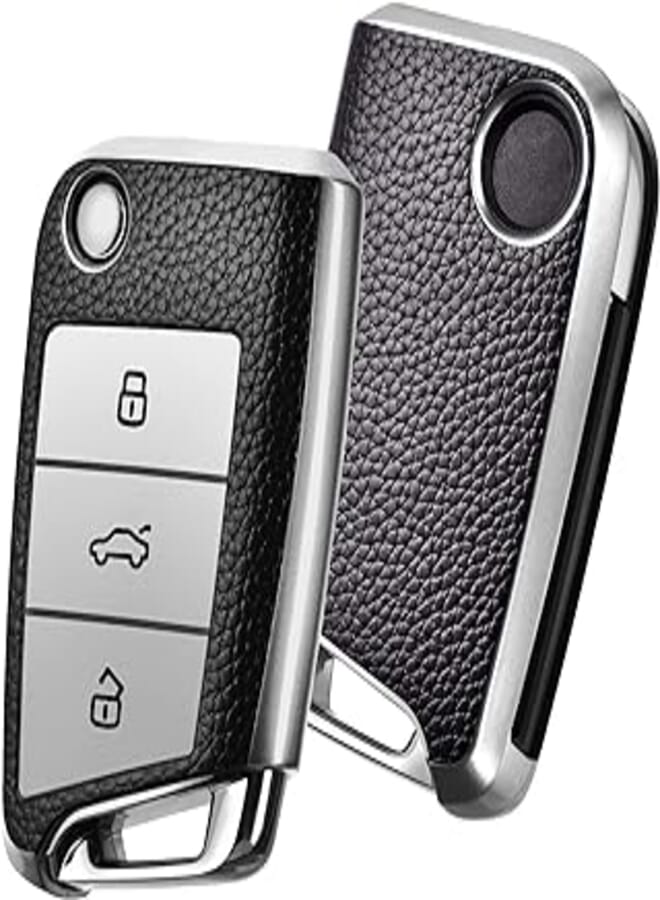 OATSBASF Car Key Case VW, VW Golf 7 Key Case, Key Box Cover for VW Polo, Skoda, Tiguan, MK7 3 Buttons (Silver Leather)