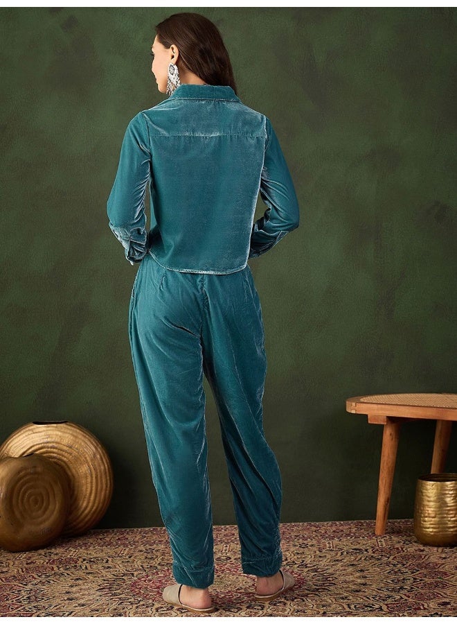 AKS Blue Velvet Co Ord Set  - Image 4