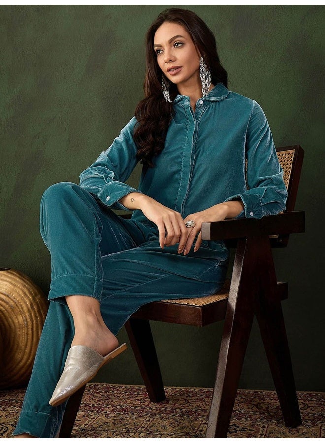 AKS Blue Velvet Co Ord Set  - Image 1