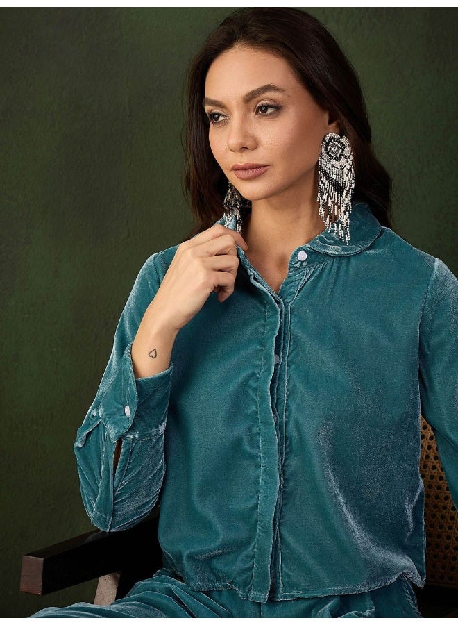 AKS Blue Velvet Co Ord Set  - Image 2