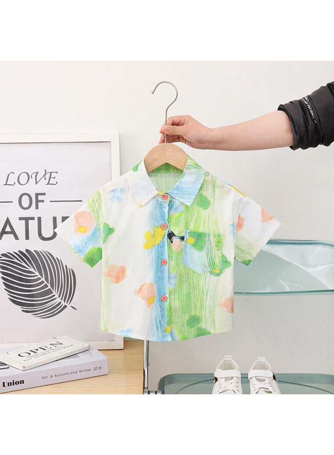 Luobobeibei Boys' Short Sleeve Shirt Printed Shirt Beach Vacation Beachwear Dress School Uniform 24311 Green 110 - Image 1