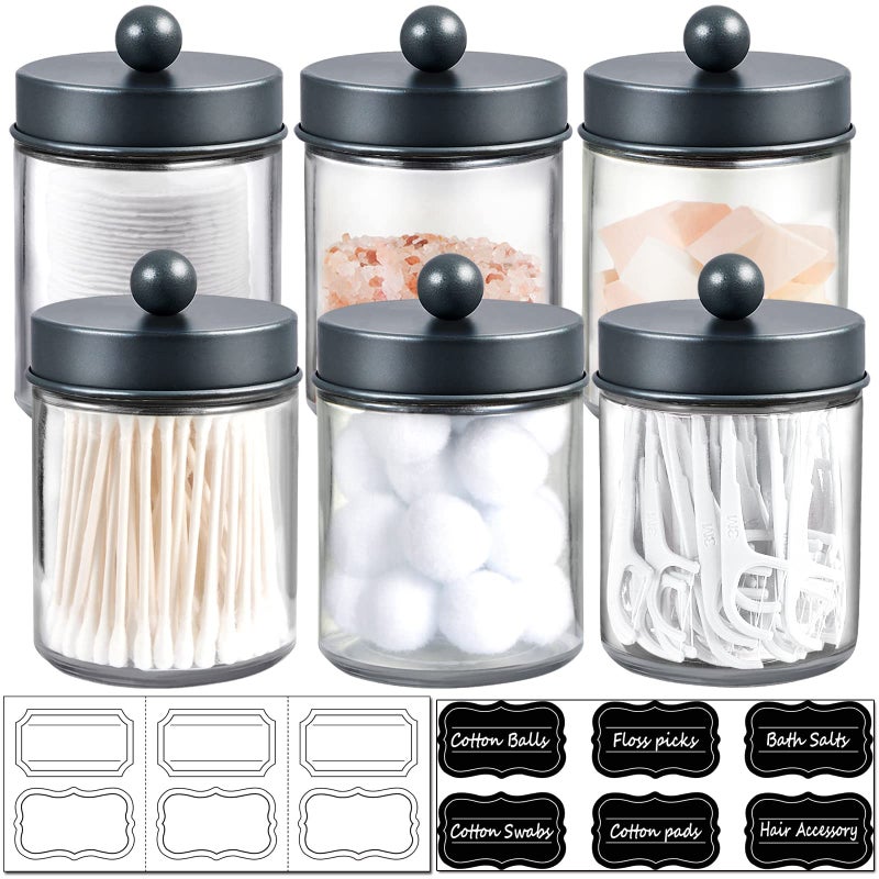 Amolliar 6Pc Apothecary Jars Bathroom Vanity Organizer Rustic Farmhouse Decor Storage Canister with Stainless Steel Lids Qtip Dispenser Holder for QTipsCotton SwabsRoundsBallFlossers Grey