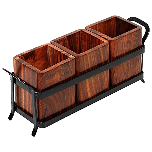 SYSI HOME SYSI Wood and Wrought Iron Spoon Holder, Multipurpose Stand, Table Organizer with 3 Wooden jar - Image 1