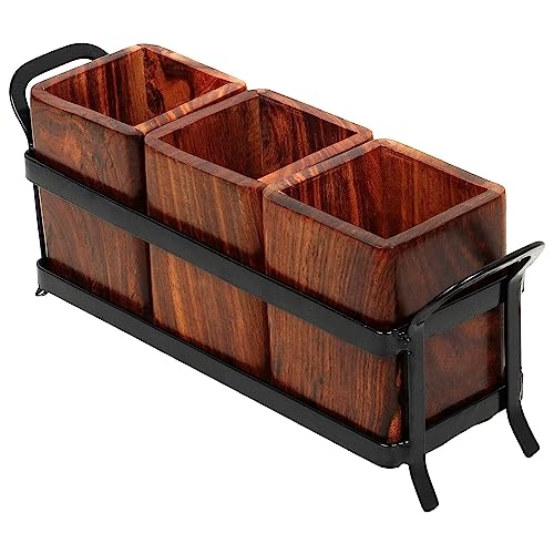 SYSI HOME SYSI Wood and Wrought Iron Spoon Holder, Multipurpose Stand, Table Organizer with 3 Wooden jar - Image 5