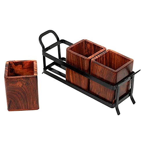 SYSI HOME SYSI Wood and Wrought Iron Spoon Holder, Multipurpose Stand, Table Organizer with 3 Wooden jar - Image 4