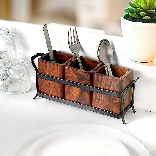 SYSI HOME SYSI Wood and Wrought Iron Spoon Holder, Multipurpose Stand, Table Organizer with 3 Wooden jar - Image 2