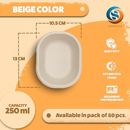 SANWALSA [250 ml, 25 Count, Rectangle, Beige Disposable Bagasse Bowls | Eco-Friendly Sugarcane Paper Bowl for Wedding, Party, Cafes | Ideal for Soups, Dal, Ice-Cream & Desserts - Image 2