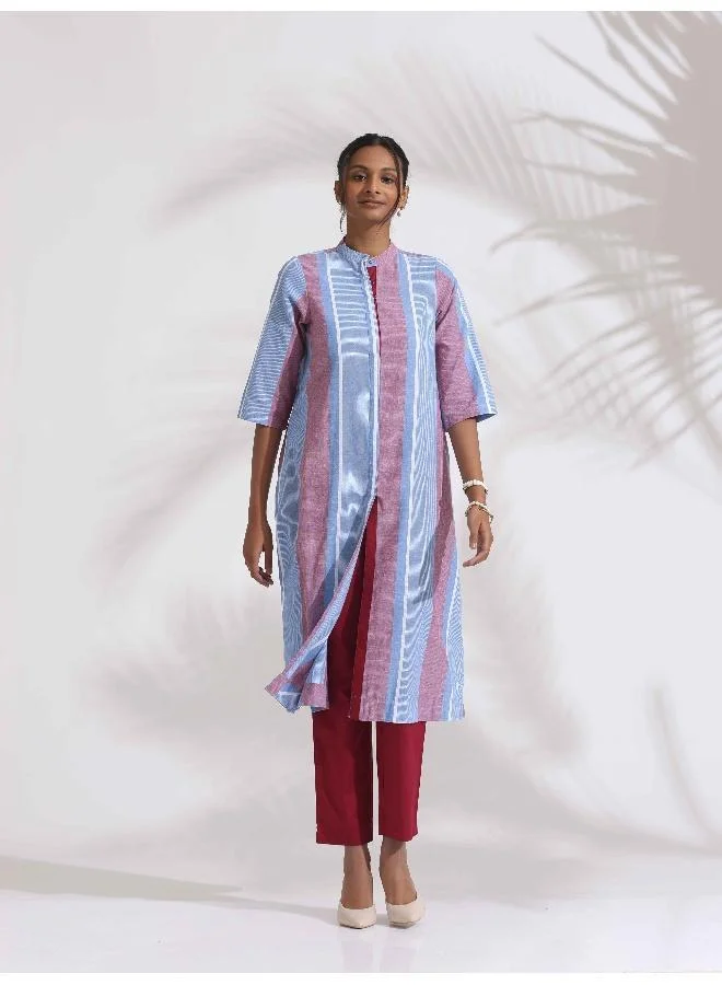trueBrowns Blue Cotton Stripe Straight Kurta Set