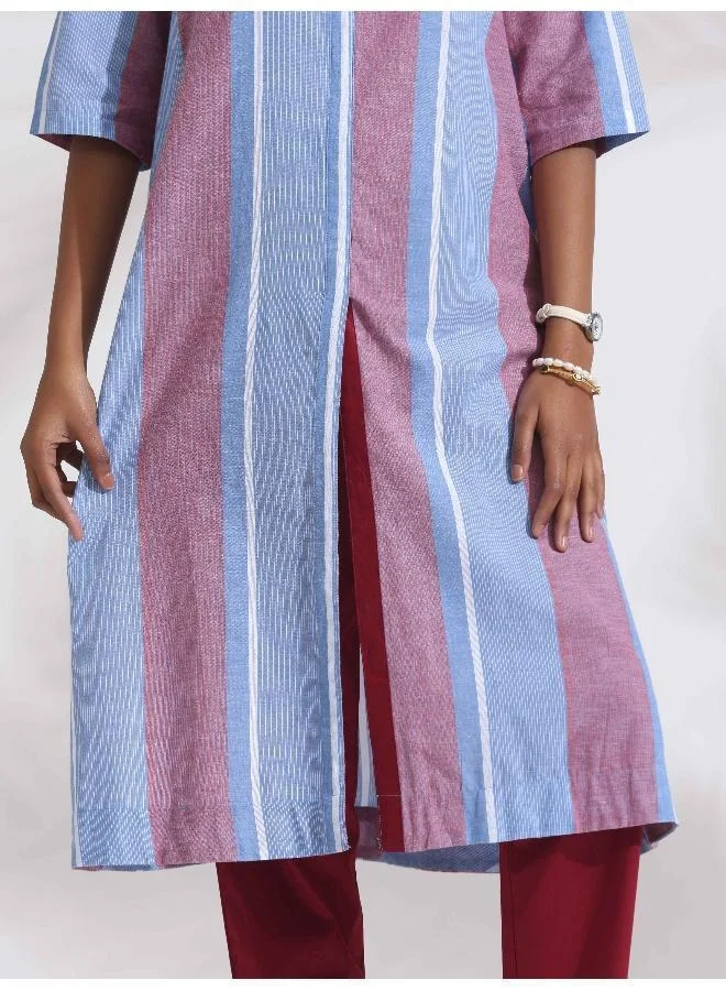 trueBrowns Blue Cotton Stripe Straight Kurta Set