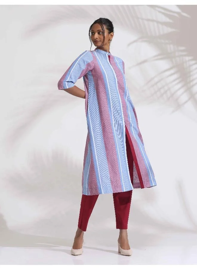 trueBrowns Blue Cotton Stripe Straight Kurta Set