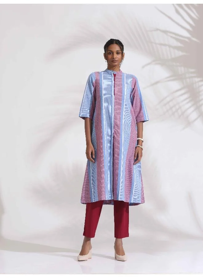 trueBrowns Blue Cotton Stripe Straight Kurta Set