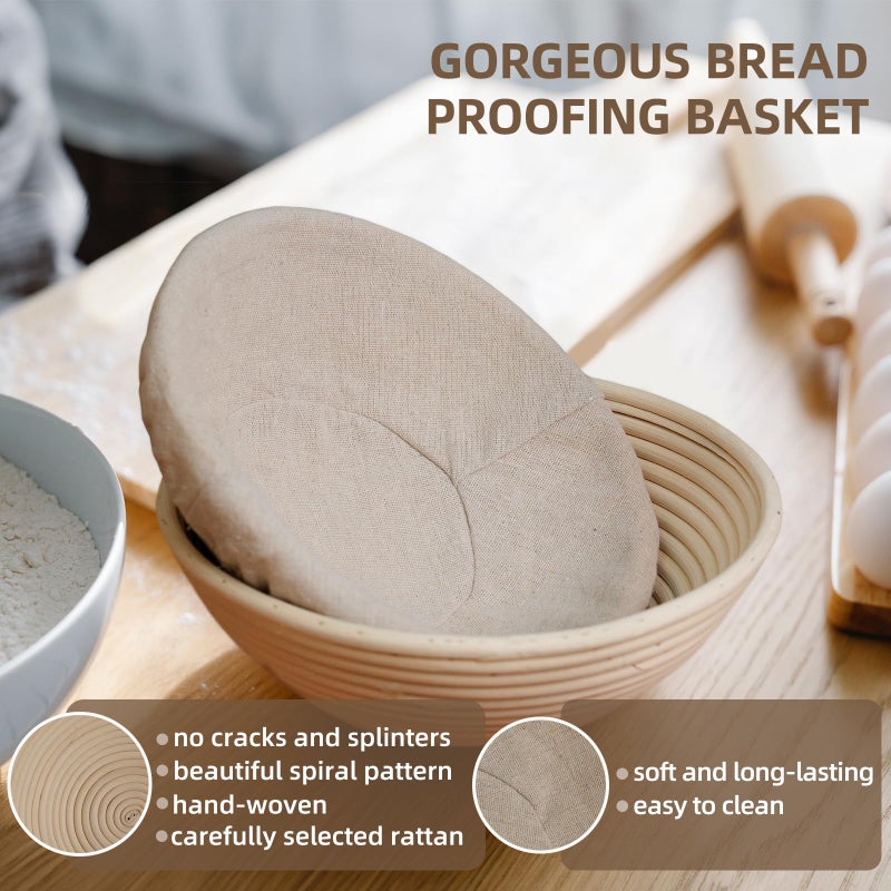 Kikcoin Bread Proofing Basket, Kikcoin Banneton Bread Proofing Basket Set of 2, 9 Inch & 10 Inch Round Sourdough Proofing Basket with Linen Liner, Bread Lame  - Image 4