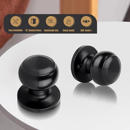 Gaurqiah Non-Locking Passage Door Knob, Flat Ball Interior Door Knob Without Keys, Round Doorknob for Hallway/Closets, Matte Black - Image 2