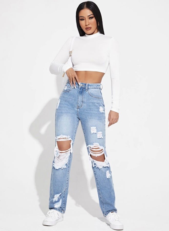 WDIRARA Women's High Waisted Ripped Straight Leg Jeans Cut Out Button Denim Pants, Light Wash, M - Image 4
