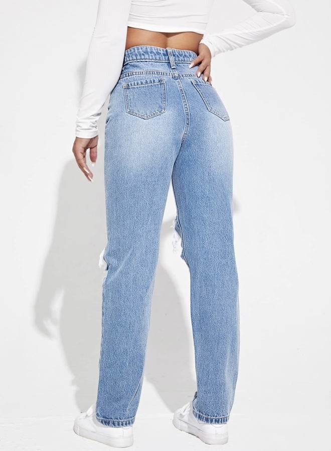 WDIRARA Women's High Waisted Ripped Straight Leg Jeans Cut Out Button Denim Pants, Light Wash, M - Image 2