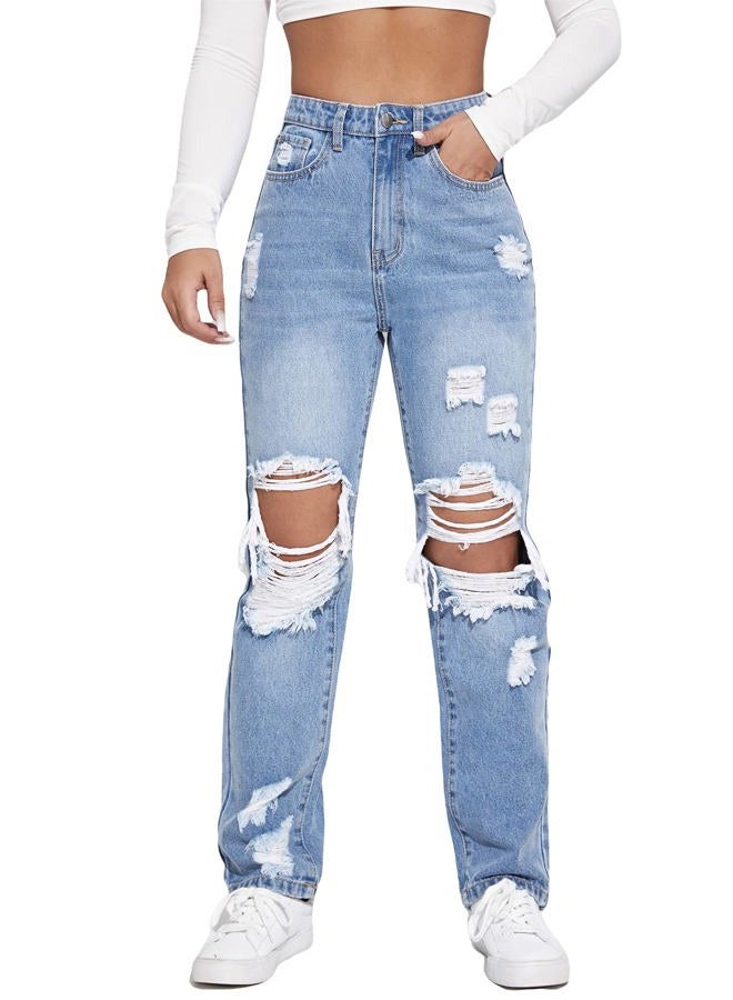 WDIRARA Women's High Waisted Ripped Straight Leg Jeans Cut Out Button Denim Pants, Light Wash, M - Image 1
