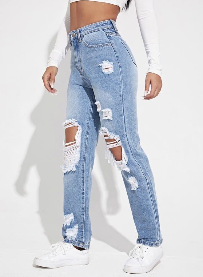WDIRARA Women's High Waisted Ripped Straight Leg Jeans Cut Out Button Denim Pants, Light Wash, M - Image 3