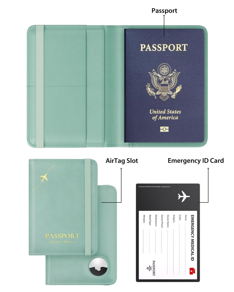 Air Tag Compatible Passport Holder with RFID Blocking, Cute Travel Wallet for Women and Family, Green - Image 2