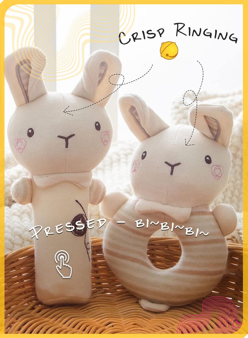 Gbee 2Pcs Plush Baby Rattle Toy Set, Sensory Soft Rattle for Infants, Grasping Training Plush Bunny Comfort Toy, Soothing Hand Bell for Newborns, Ideal Baby Shower Gift (Beige) - Image 2