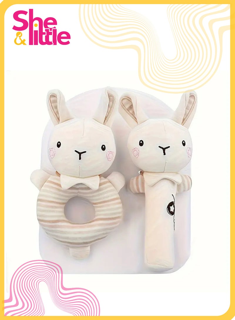 Gbee 2Pcs Plush Baby Rattle Toy Set, Sensory Soft Rattle for Infants, Grasping Training Plush Bunny Comfort Toy, Soothing Hand Bell for Newborns, Ideal Baby Shower Gift (Beige) - Image 1